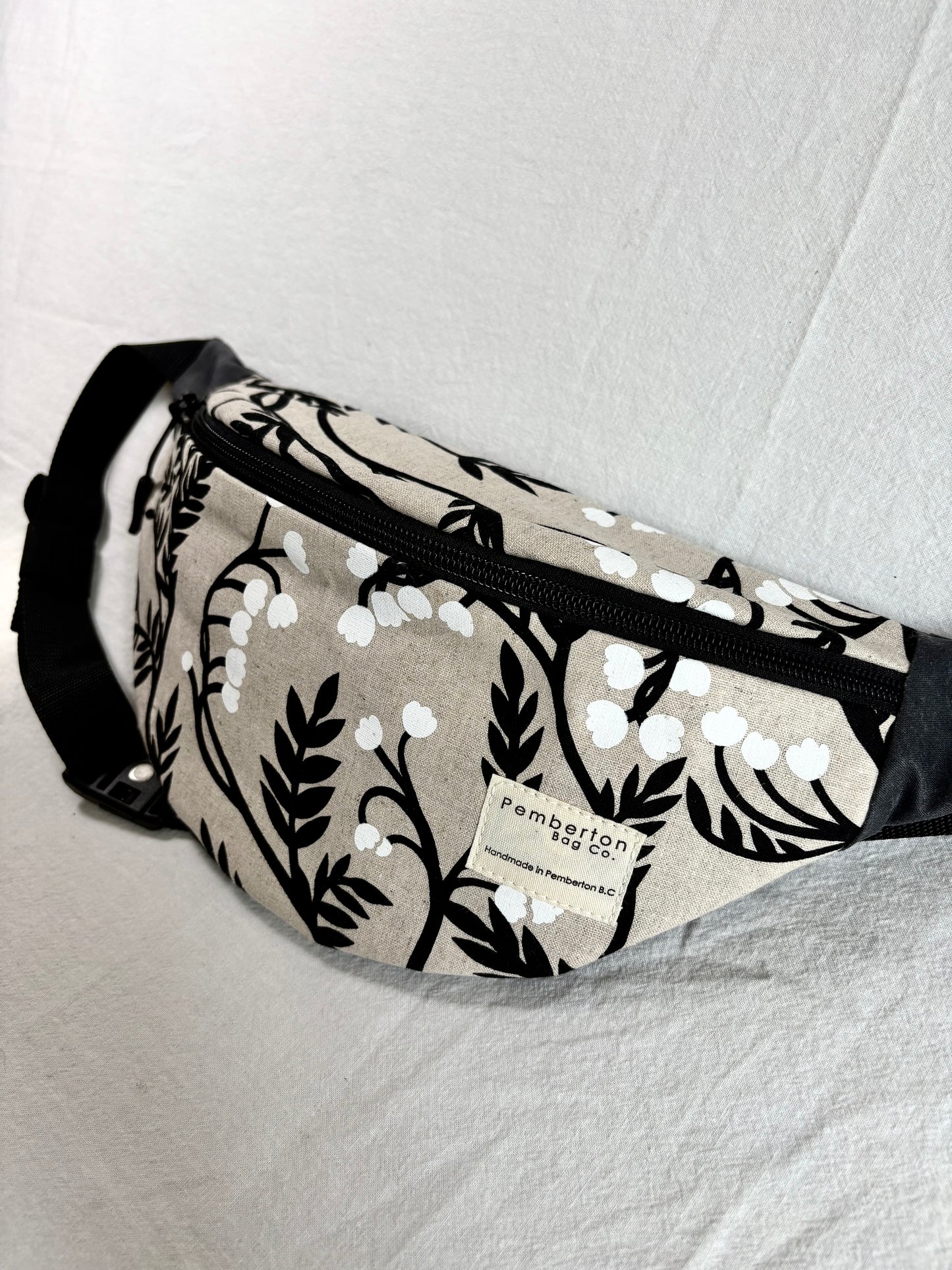 Charcoal Oilskin - Back Panel Only - Black and White Floral Patterned Fabric