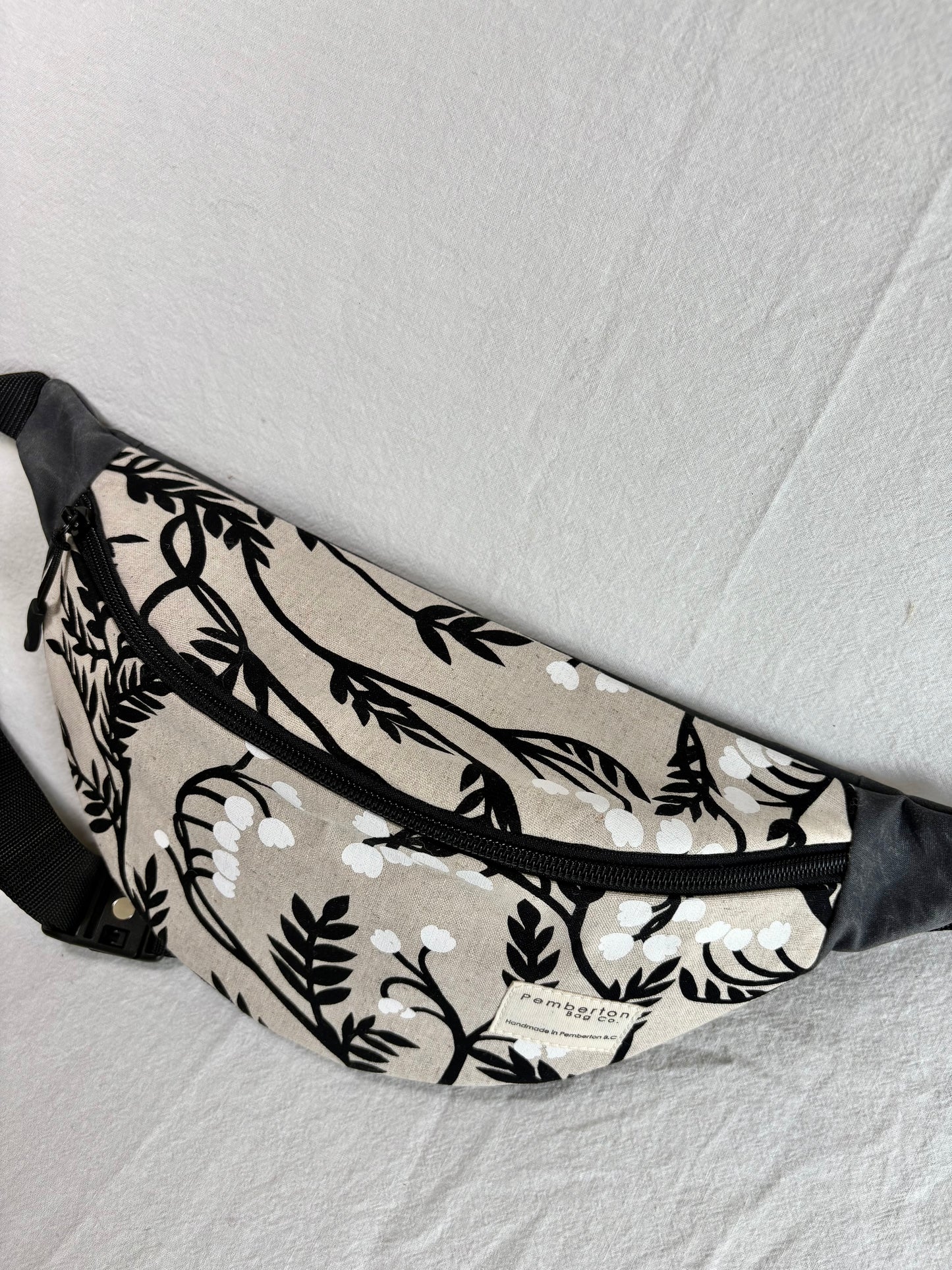 Charcoal Oilskin - Back Panel Only - Black and White Floral Patterned Fabric